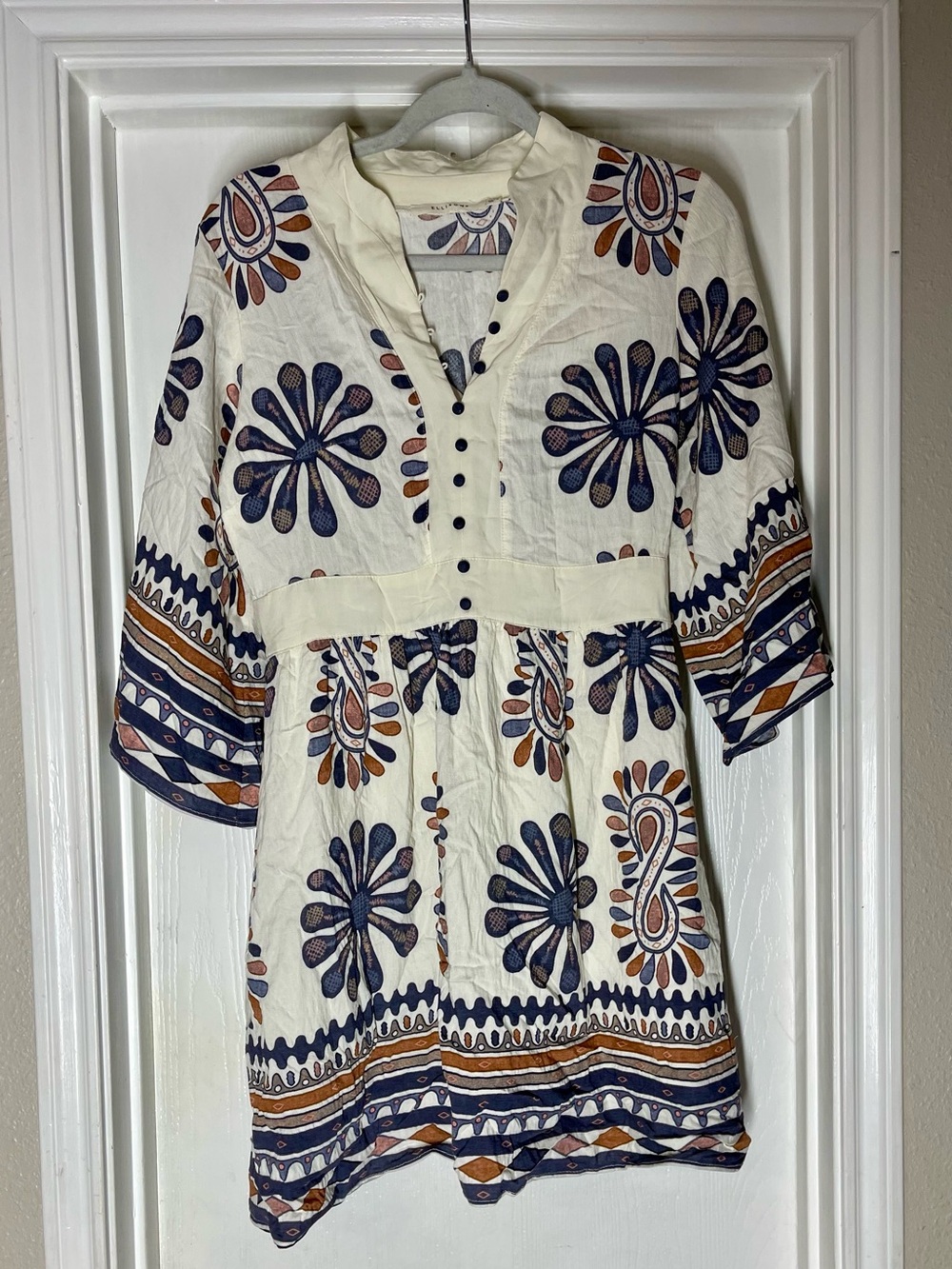 Ellison Boho Floral Paisley Medallion Mini Dress Button Front S